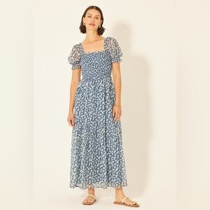 Patrons Of Peace Blue La Cruz  Floral Smocked Maxi Dress. M